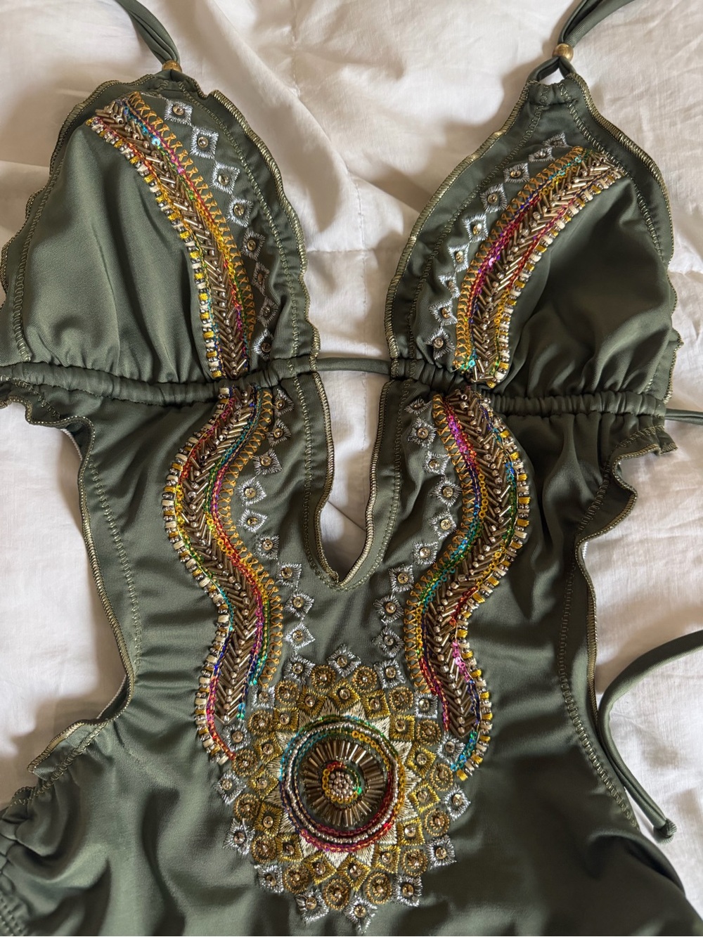 Olive Green Embellished One-Piece Swimsuit